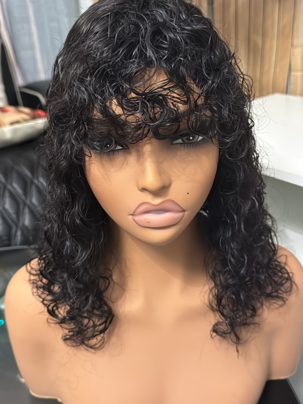 Natural Curly Lace Front Wig with Bangs - Black